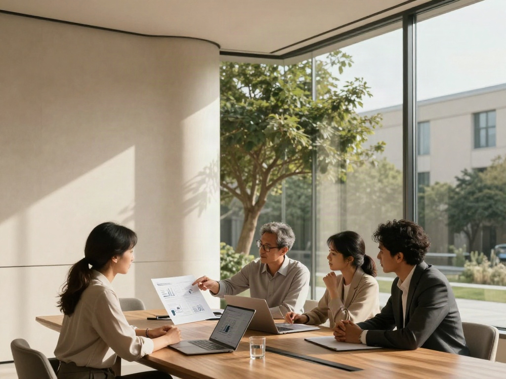 Consultants collaborating on a business strategy review in a bright, thoughtfully designed meeting room
